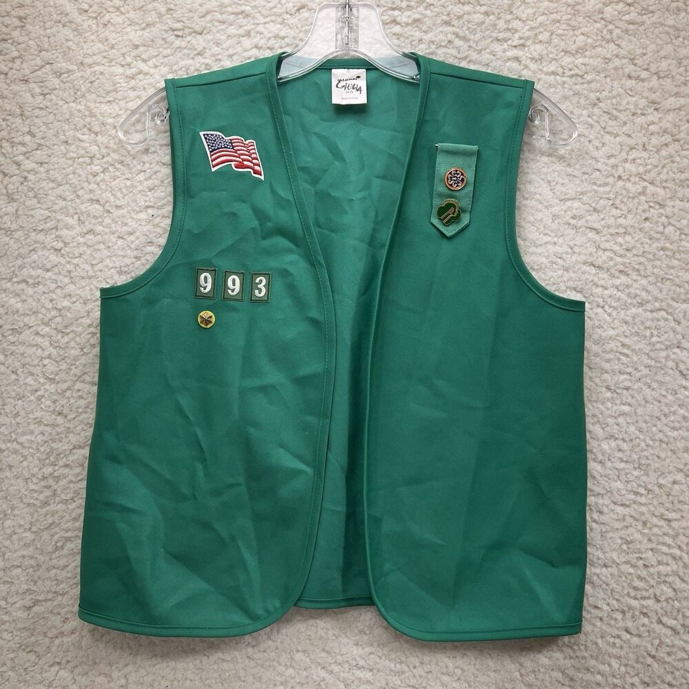 Vintage Girl Scouts USA Green Vest Uniform 14-16 w/ Patches & Pins Troop 993